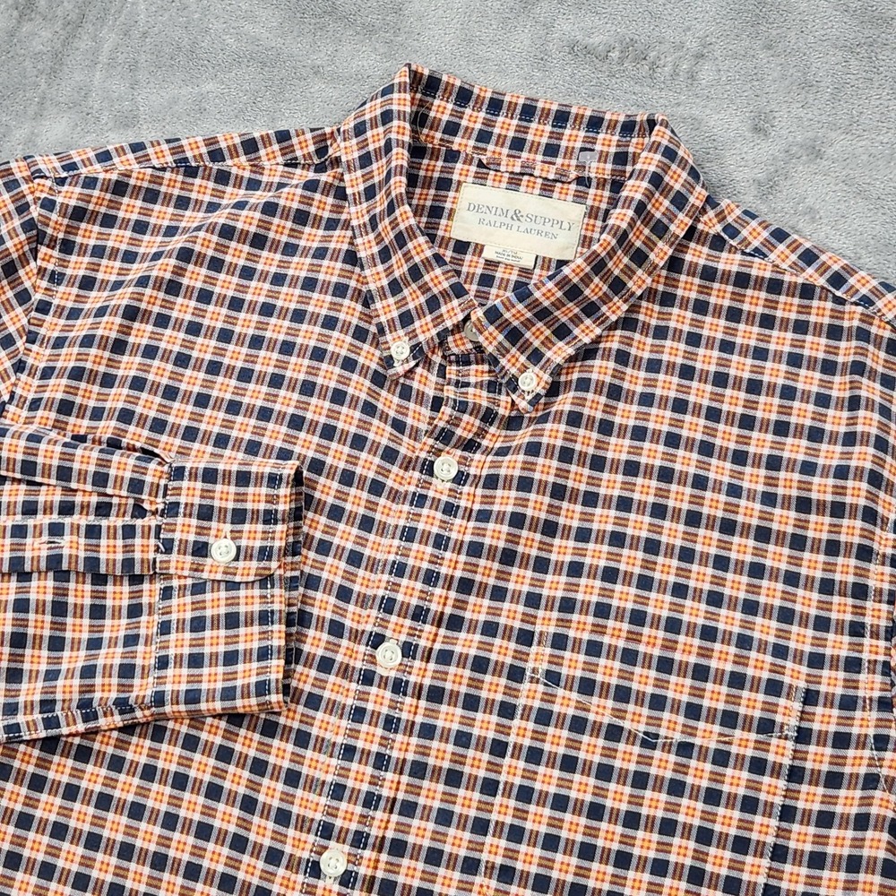 Denim & Supply Ralph‎ Lauren Shirt Mens XL Orange Blue Plaid Button Down Casual